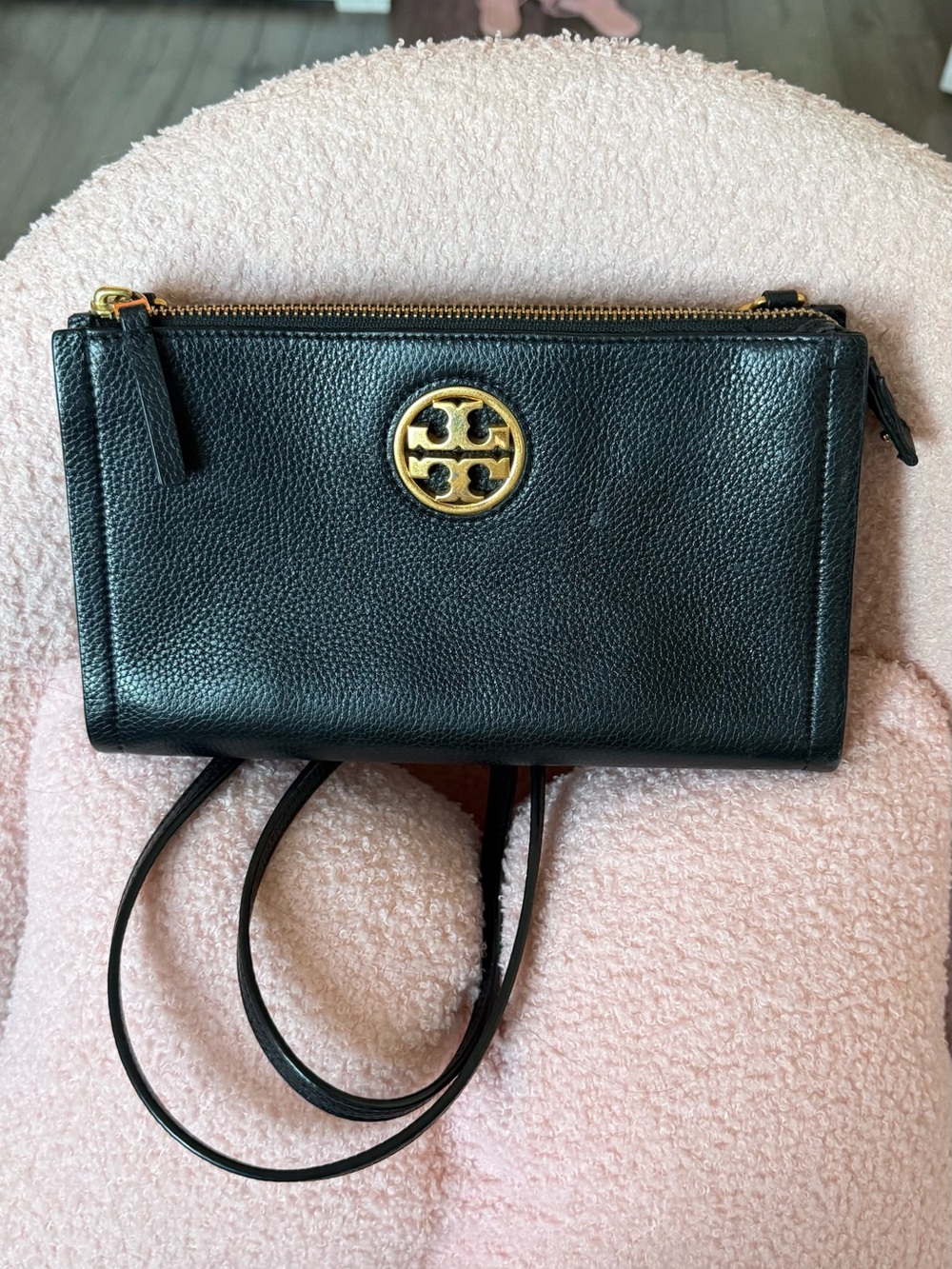 Tory Burch Black Pebbled Leather Crossbody with Gold Logo